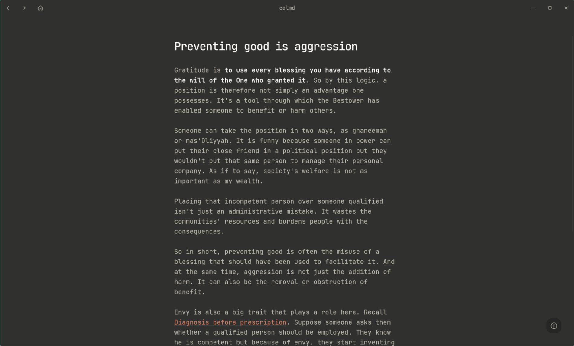 A full-page note open in Calmd’s focused Markdown editor.