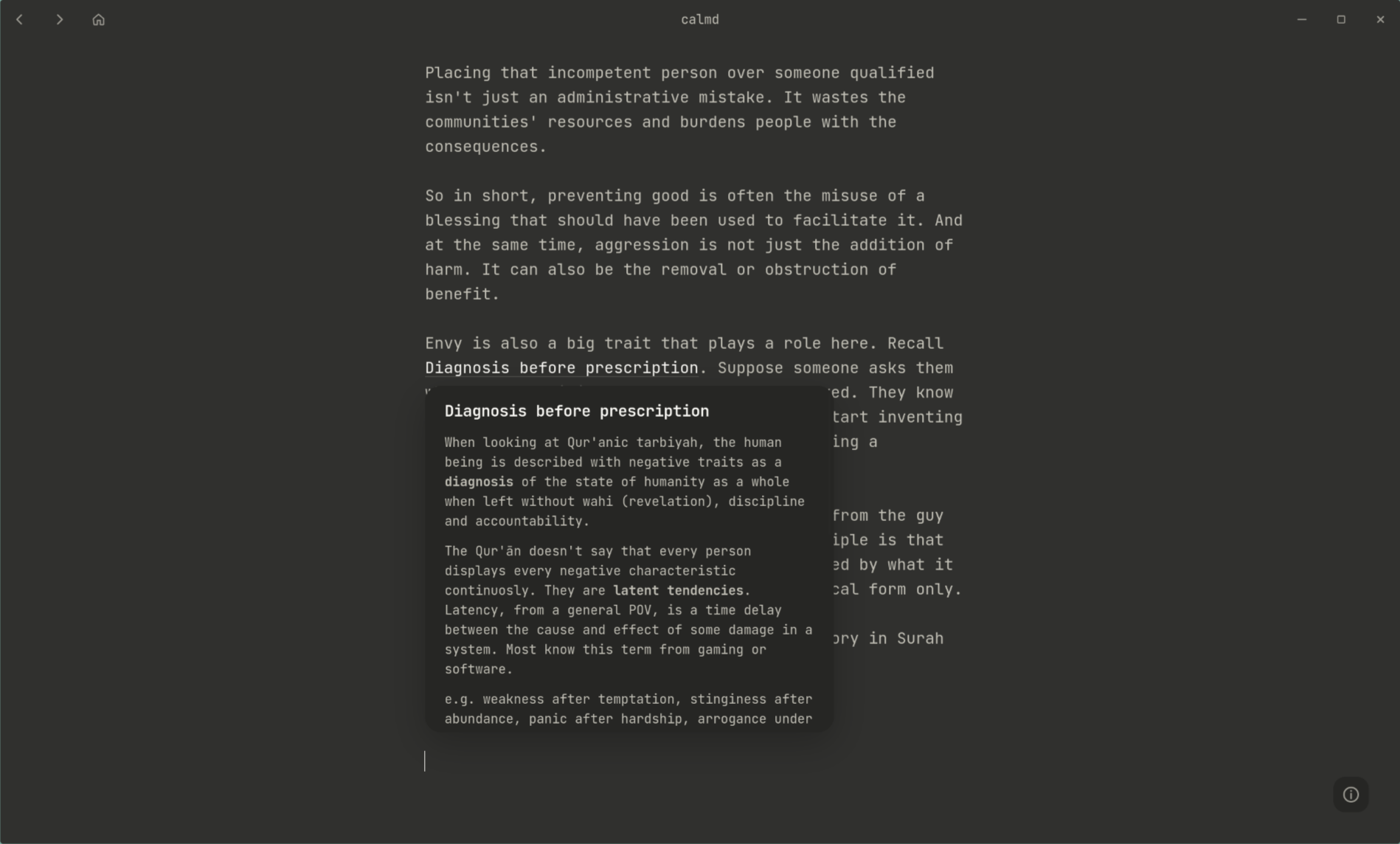 Calmd showing a linked-note preview above the current note.